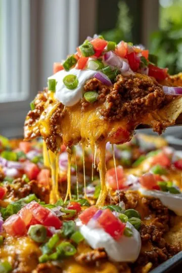 Crockpot taco casserole showing cheesy bite being lifted with fork, ground beef, tortilla chips, sour cream, diced tomatoes, and green onions