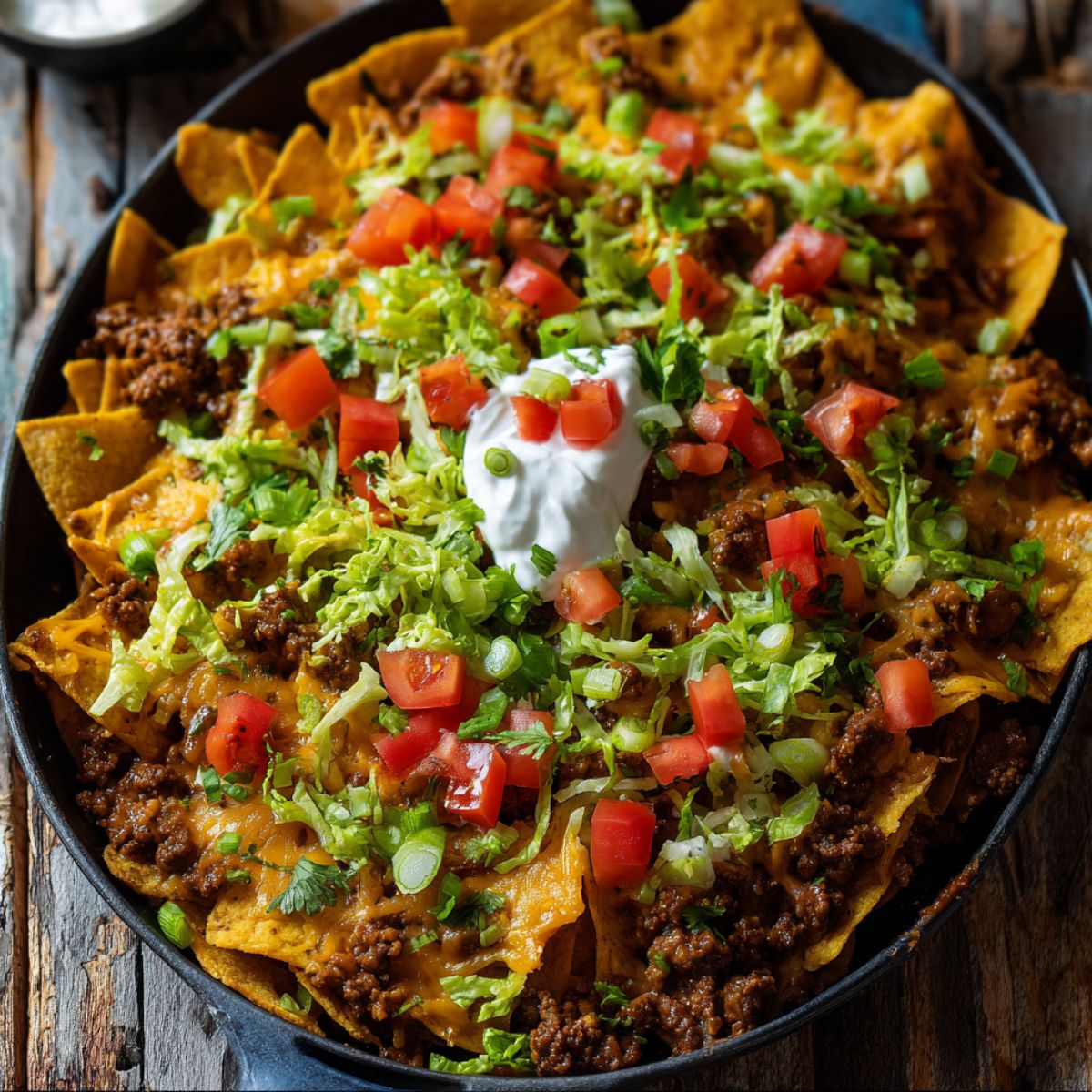 Crockpot taco casserole with seasoned ground beef, melted cheddar cheese, tortilla chips, fresh lettuce, tomatoes, and sour cream in black skillet