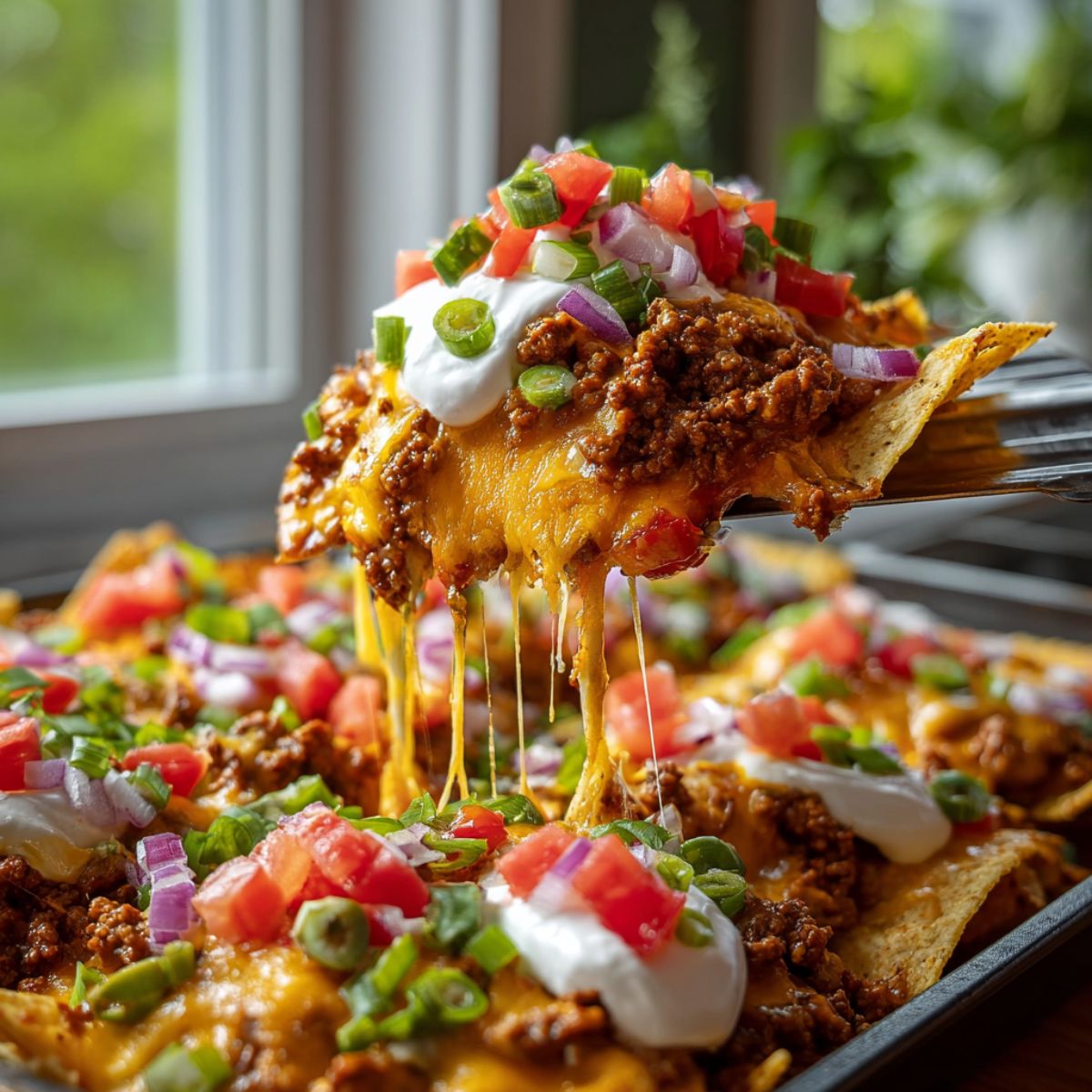Crockpot taco casserole showing cheesy bite being lifted with fork, ground beef, tortilla chips, sour cream, diced tomatoes, and green onions