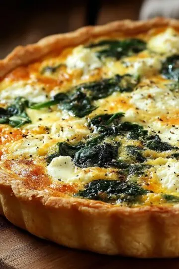 Crustless spinach quiche with golden top, fresh spinach, melted cheese, and fluffy egg filling on a white plate