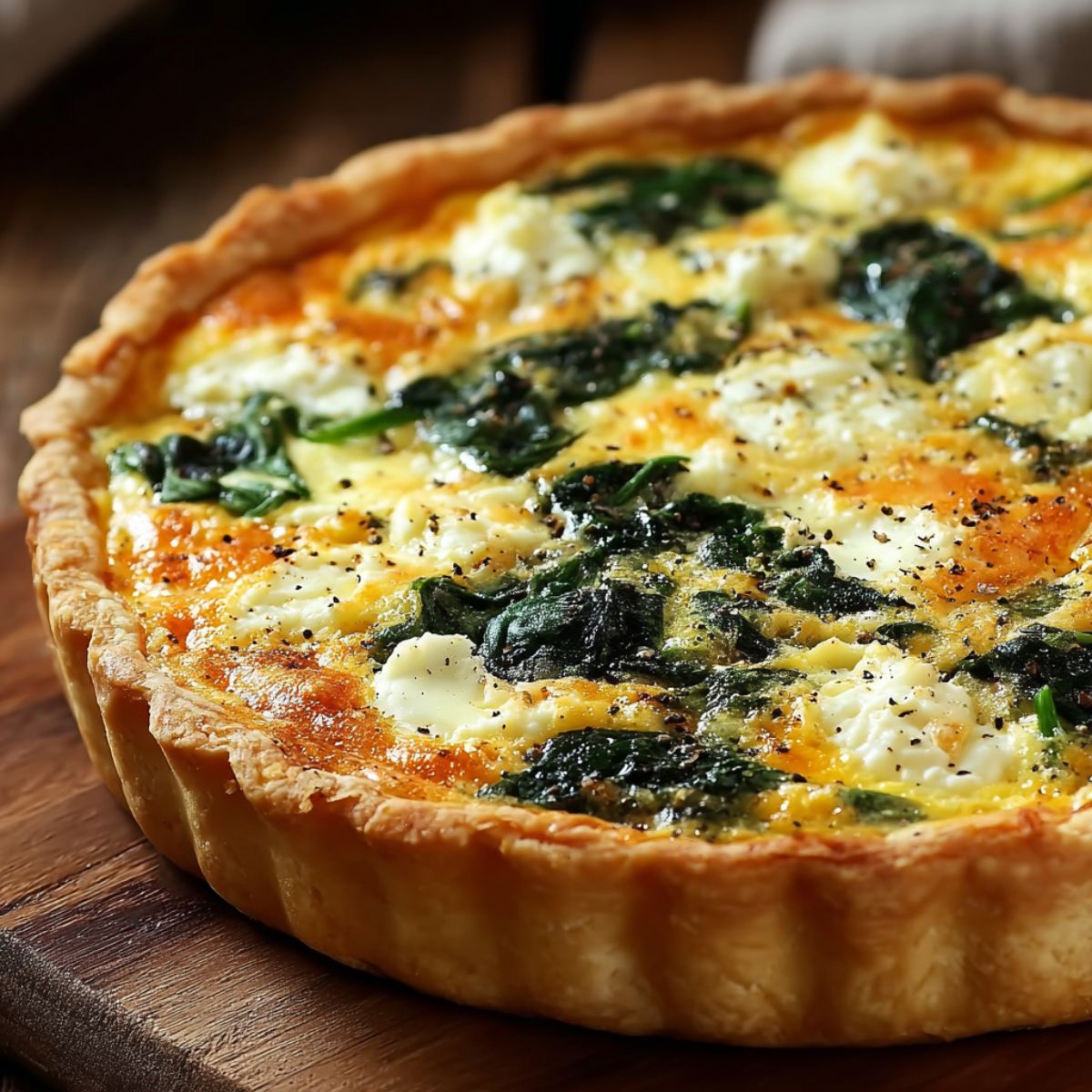 Crustless spinach quiche with golden top, fresh spinach, melted cheese, and fluffy egg filling on a white plate