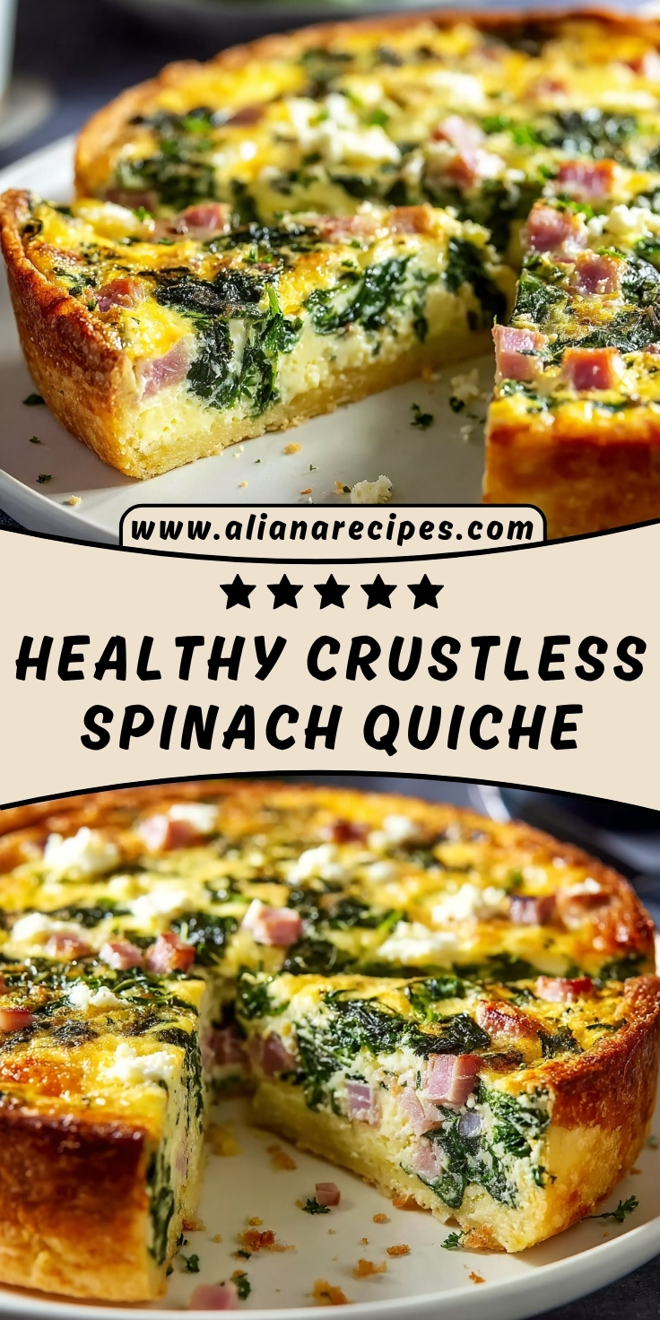 Crustless spinach quiche with golden brown crust, fresh spinach, diced ham, melted cheese, and fluffy egg filling sliced on white plate