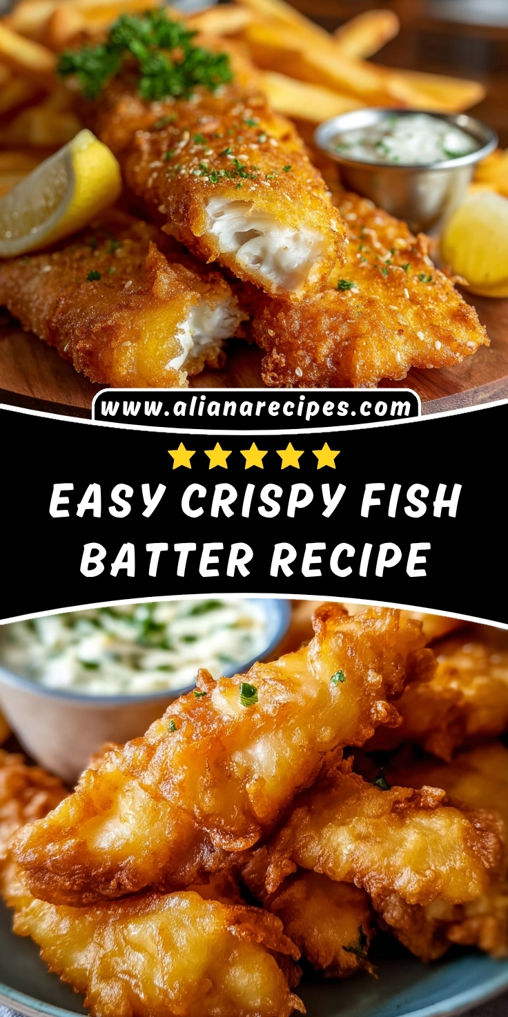 Crispy fish batter recipe golden fried fish fillets showing flaky interior with fries, lemon wedges, tartar sauce, and parsley on wood serving board