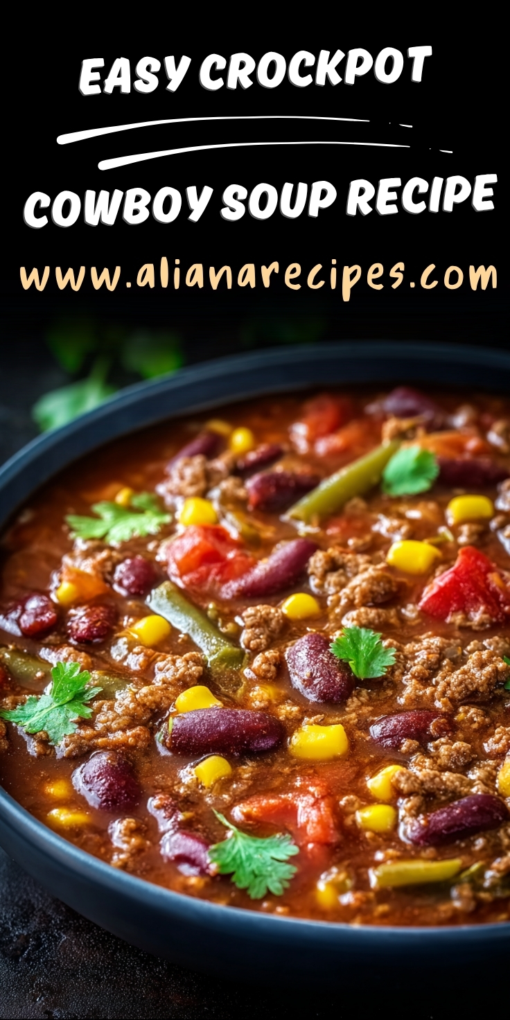 Easy crockpot cowboy soup recipe with ground beef, kidney beans, corn, bell peppers in slow cooker with cilantro garnish and website overlay