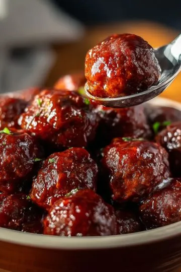 Grape jelly meatballs coated in shiny burgundy glaze with one meatball lifted on spoon showing glossy sauce drip and sesame seed garnish in cream bowl