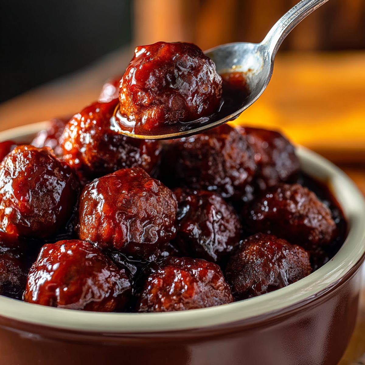 Grape jelly meatballs with glossy dark red glaze being lifted on silver spoon from white serving bowl with sticky sauce coating