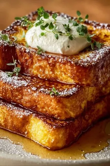 Pumpkin French toast stacked on white plate with golden caramelized exterior, powdered sugar dusting, whipped cream topping, fresh thyme garnish and maple syrup pooling around the base