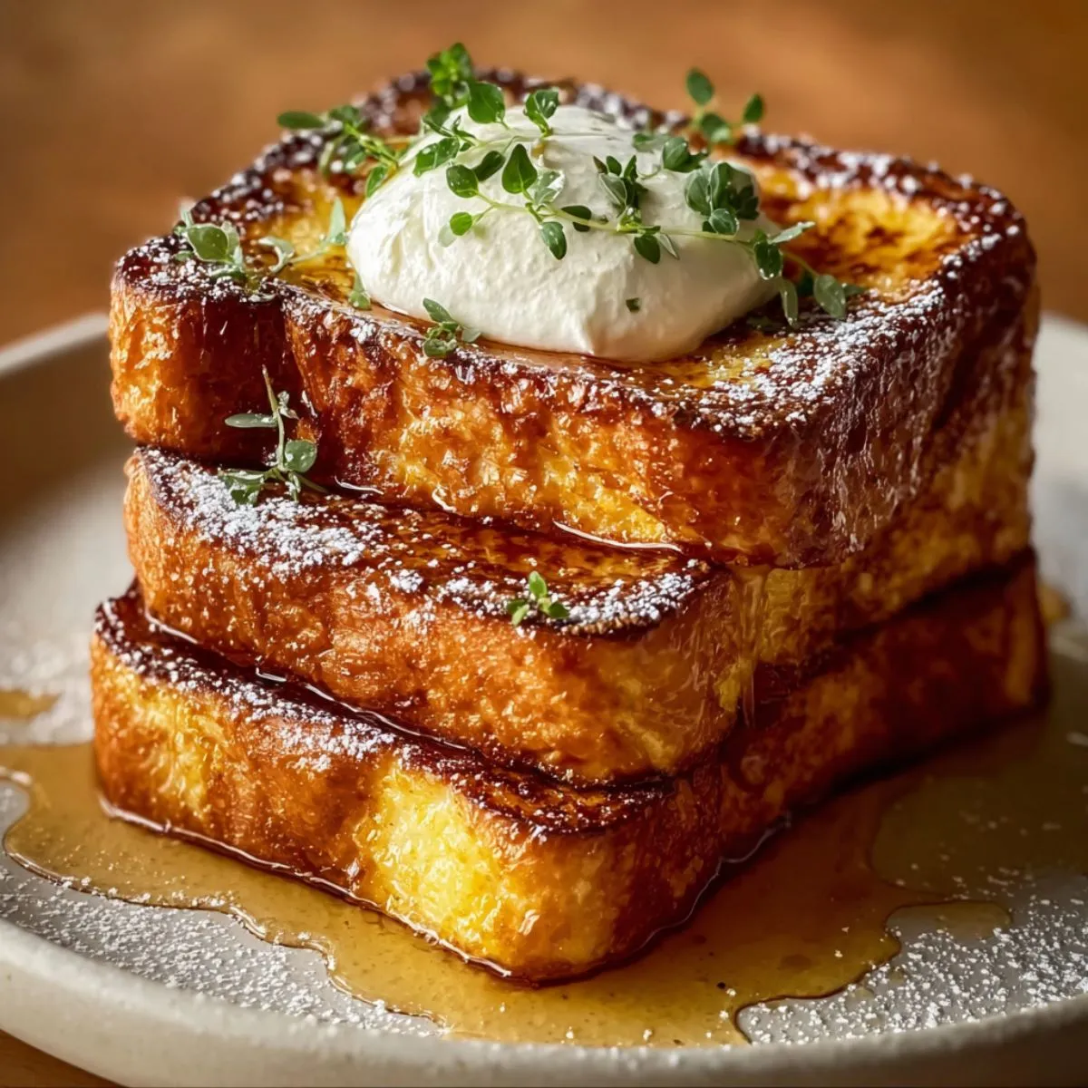 Pumpkin French toast stacked on white plate with golden caramelized exterior, powdered sugar dusting, whipped cream topping, fresh thyme garnish and maple syrup pooling around the base