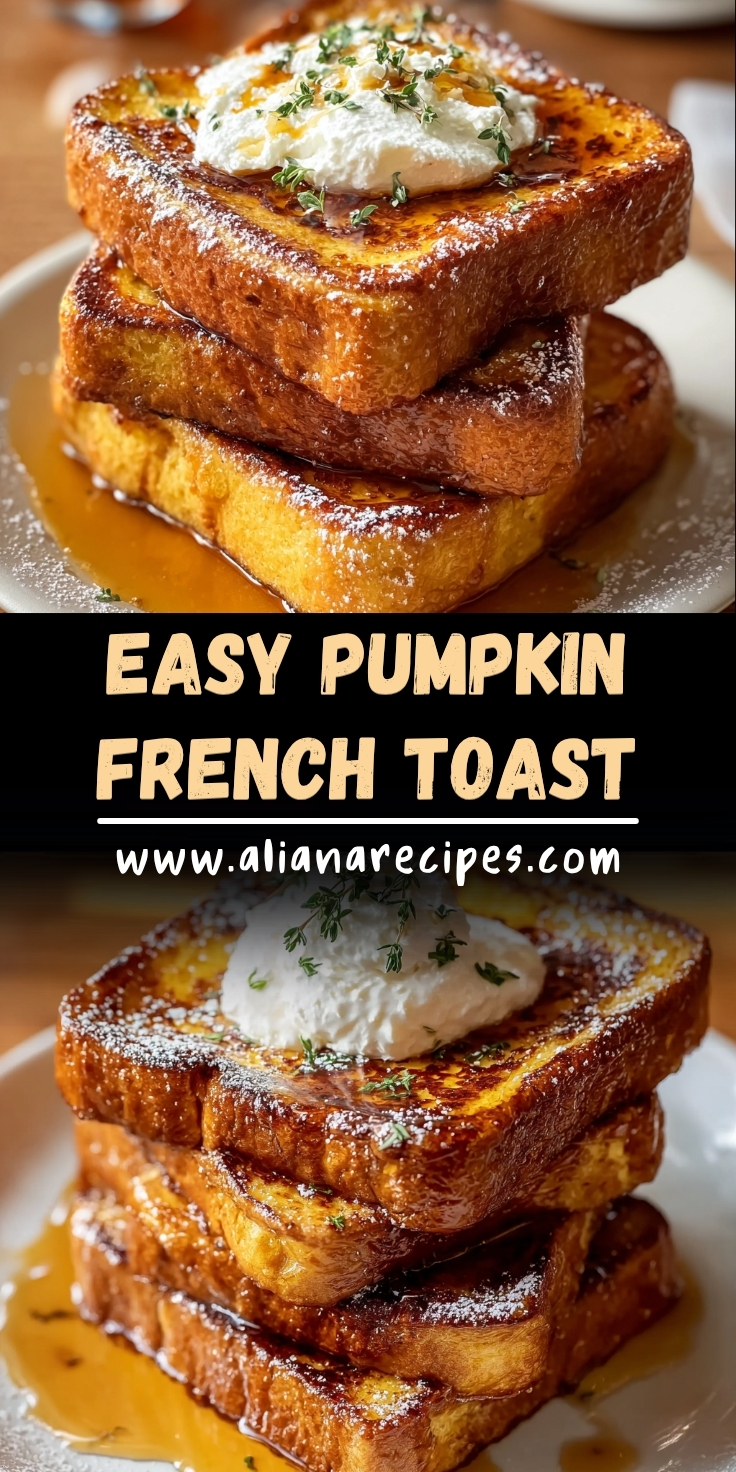 Pumpkin French toast stacked three high showing golden brown caramelized exterior with powdered sugar, whipped cream topping, fresh thyme and maple syrup with text overlay Easy Pumpkin French Toast and website URL