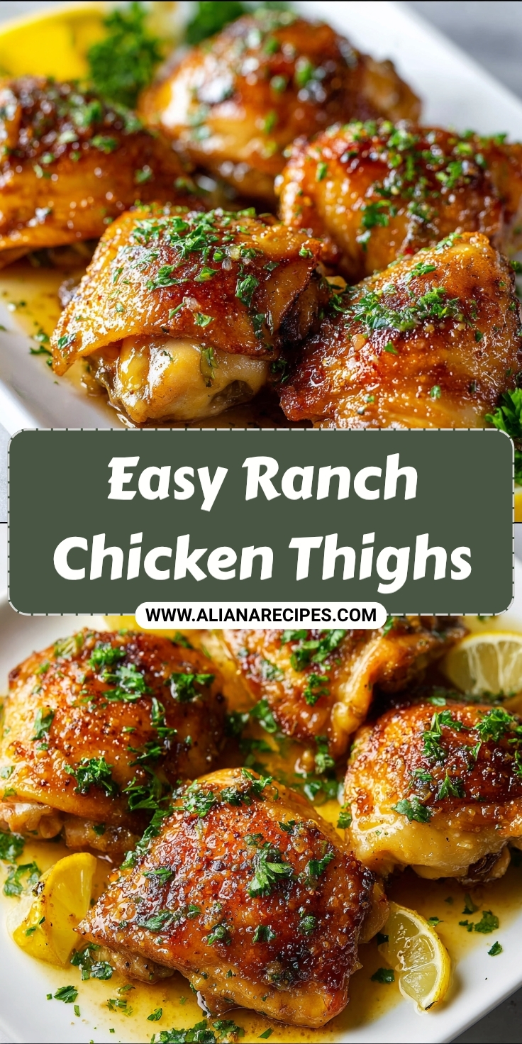 Ranch chicken thighs easy recipe with crispy golden skin, fresh parsley garnish, and lemon slices on white platter with website overlay
