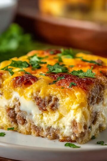 Egg casserole with golden brown top showing layers of fluffy eggs, cooked sausage, melted cheddar cheese and hash browns garnished with fresh parsley on white plate