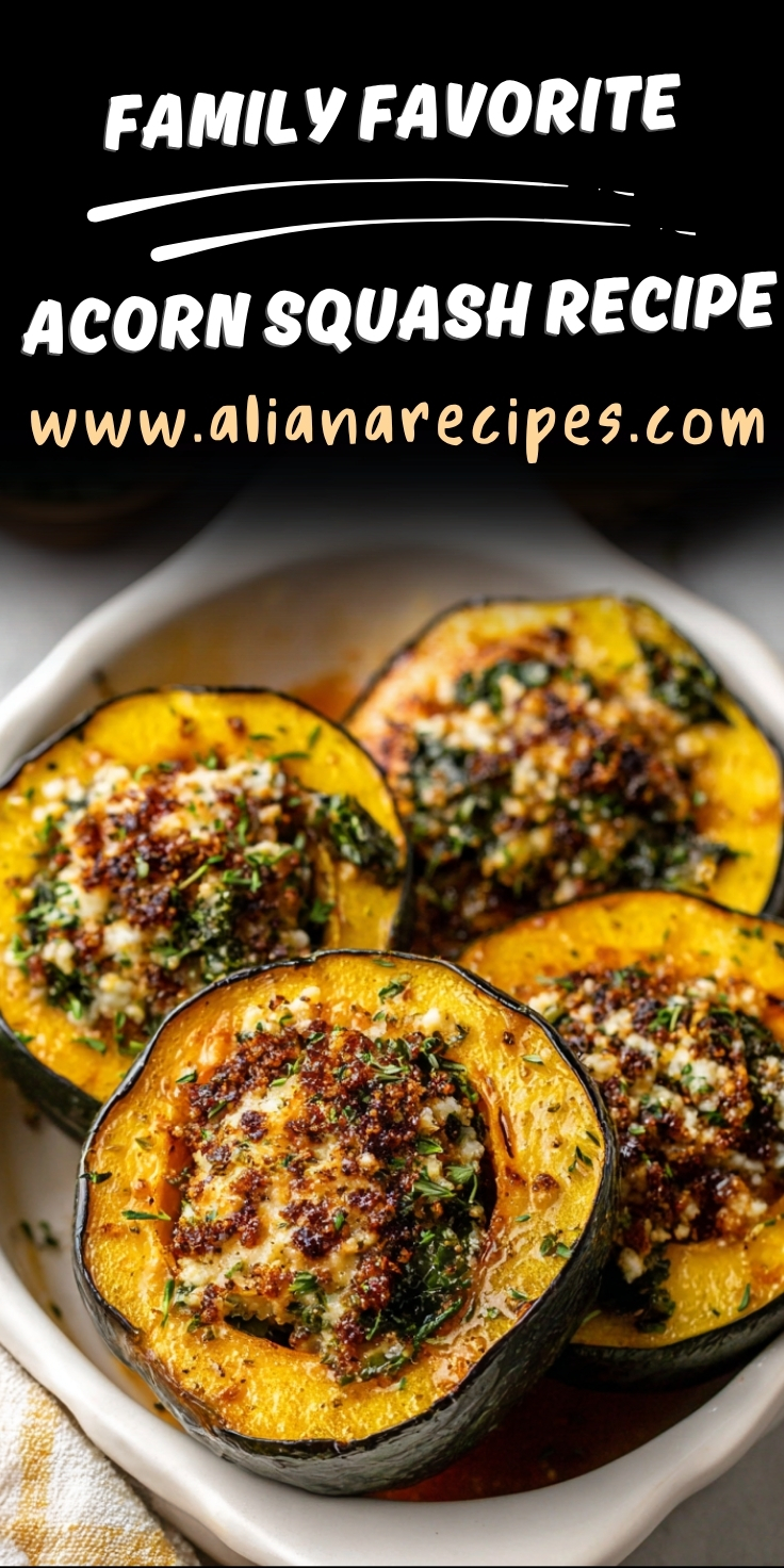 Acorn squash recipe family favorite with golden roasted flesh, quinoa, kale, and parmesan in white bowl