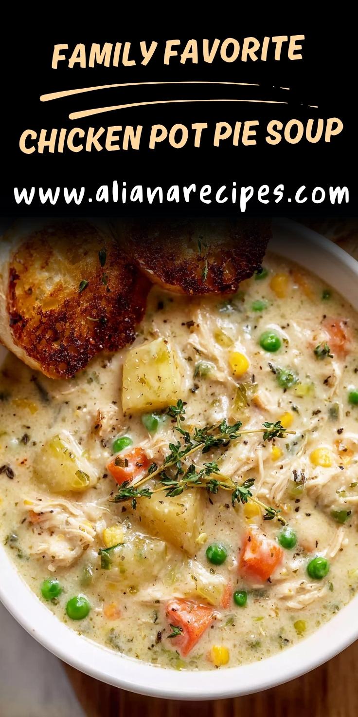 Chicken pot pie soup with potatoes carrots peas and shredded chicken topped with crispy golden pastry in white bowl