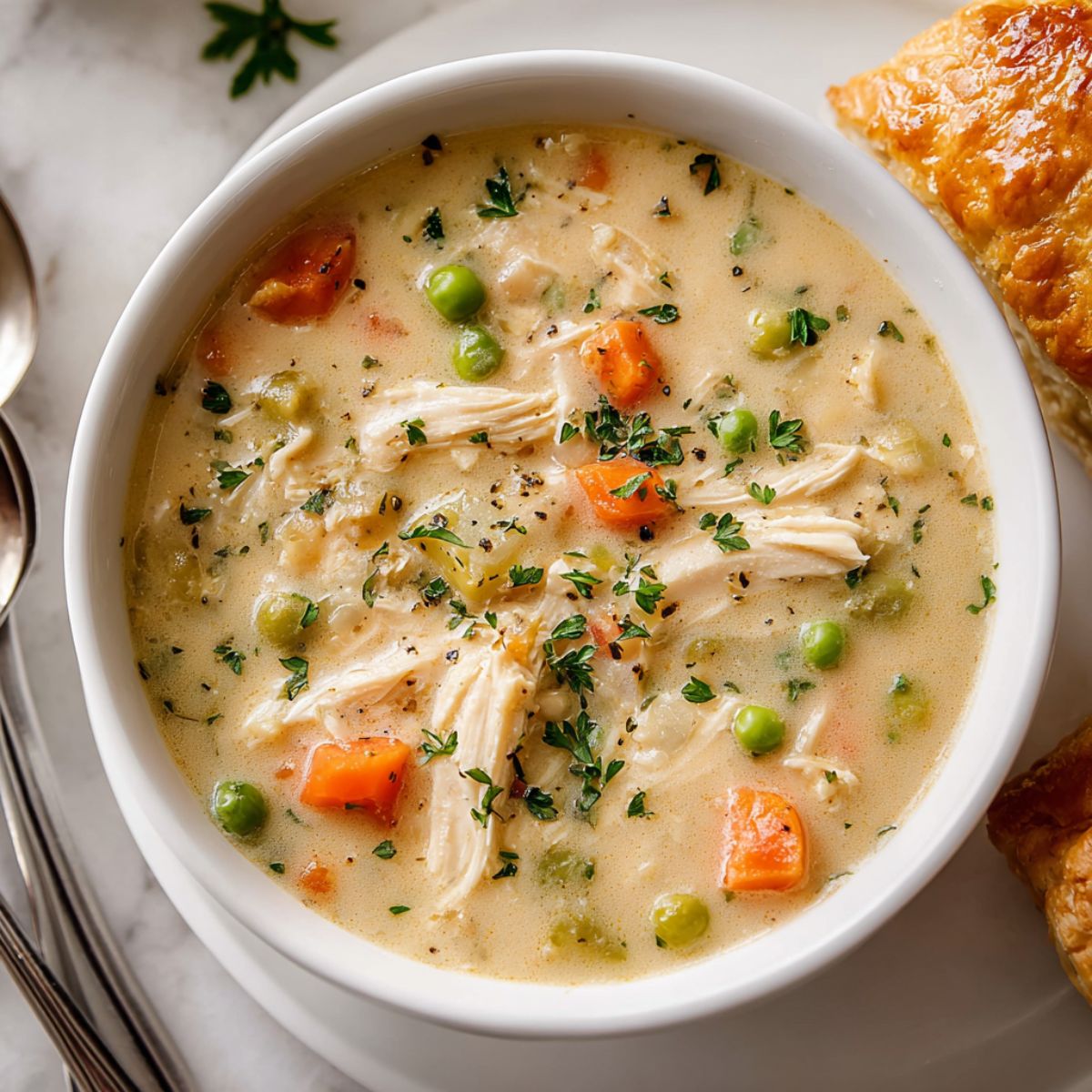 Chicken pot pie soup in white bowl with shredded chicken carrots peas and fresh herbs with flaky pastry on side