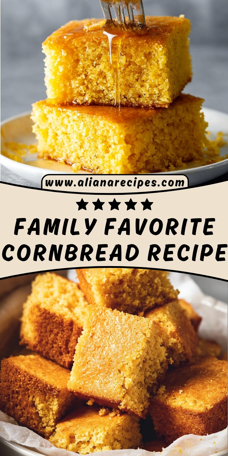 Cornbread recipe family favorite with honey drizzle showing golden squares and moist texture in basket with website overlay
