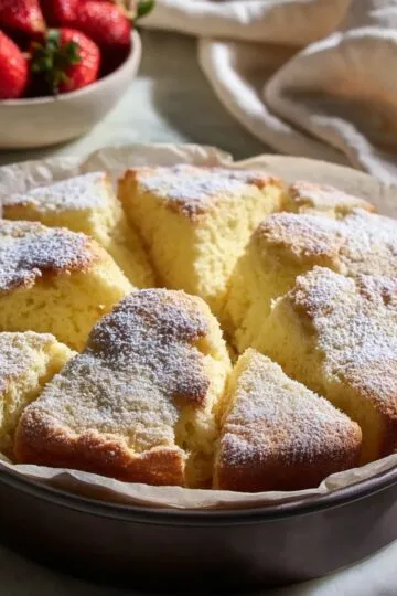 French butter cake sliced into wedges with powdered sugar dusting, showing soft custardy texture inside, served in a baking pan with fresh strawberries in the background