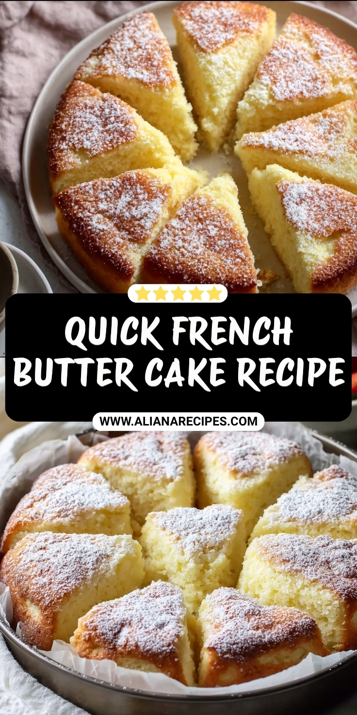 French butter cake sliced into wedges dusted with powdered sugar showing light fluffy texture, displayed on white plate with text overlay reading Quick French Butter Cake Recipe