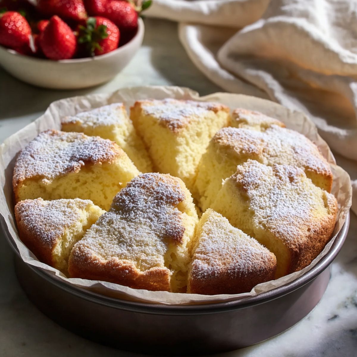 French butter cake sliced into wedges with powdered sugar dusting, showing soft custardy texture inside, served in a baking pan with fresh strawberries in the background
