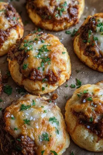 Garlic parmesan cheeseburger bombs with golden crispy crust, filled with seasoned ground beef and melted cheese, garnished with fresh parsley and sea salt on parchment paper