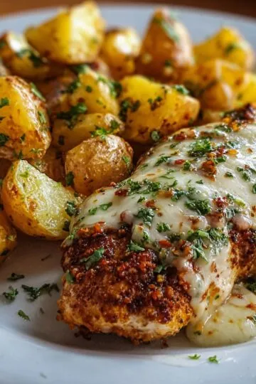 Garlic parmesan chicken and potatoes on white plate with golden brown seared chicken breast topped with melted parmesan and crispy roasted baby potatoes garnished with fresh parsley