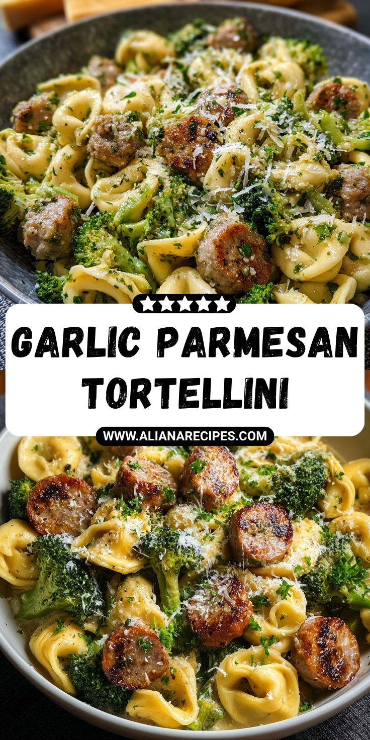 Garlic parmesan tortellini with sausage and broccoli in large bowl showing cheese-filled tortellini, browned Italian sausage pieces, and bright green broccoli florets coated in garlic parmesan sauce with text overlay and five star rating