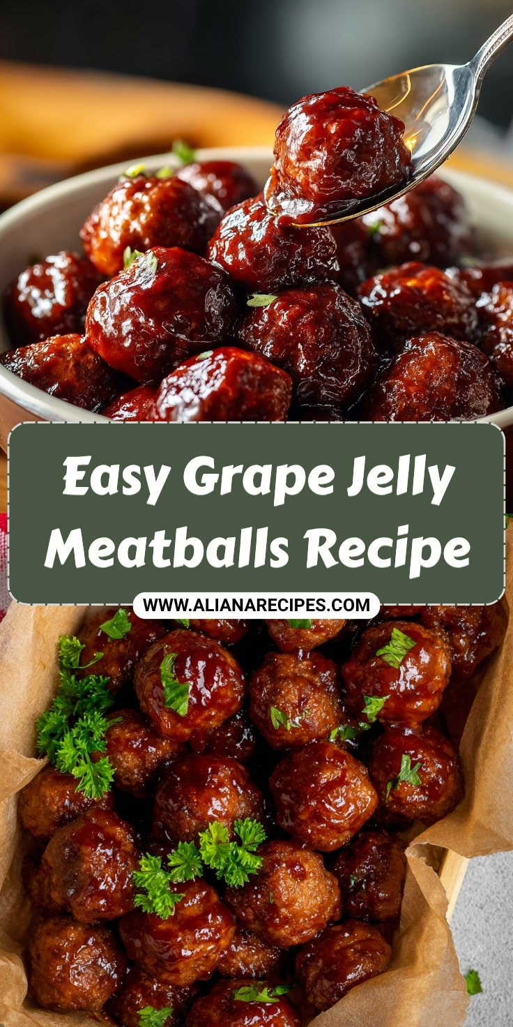 Grape jelly meatballs piled high with rich mahogany glaze, fresh parsley garnish, one meatball suspended on fork showing caramelized coating in white dish and parchment paper