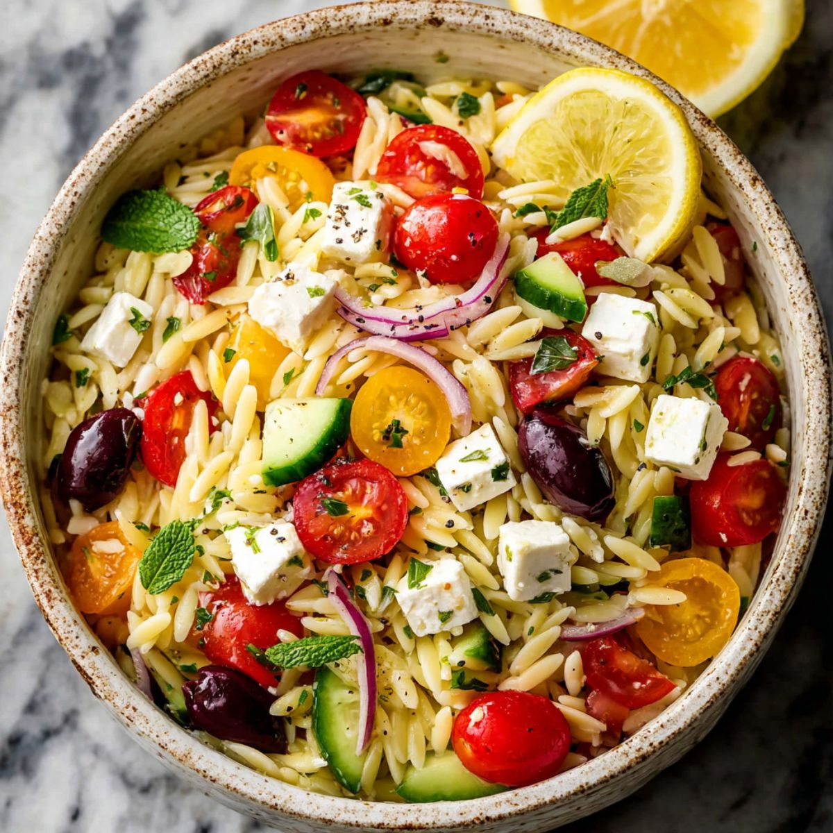 Orzo Pasta Salad Recipe featuring colorful vegetables, feta cheese cubes, fresh mint, and lemon slices in a rustic ceramic bowl on a marble countertop