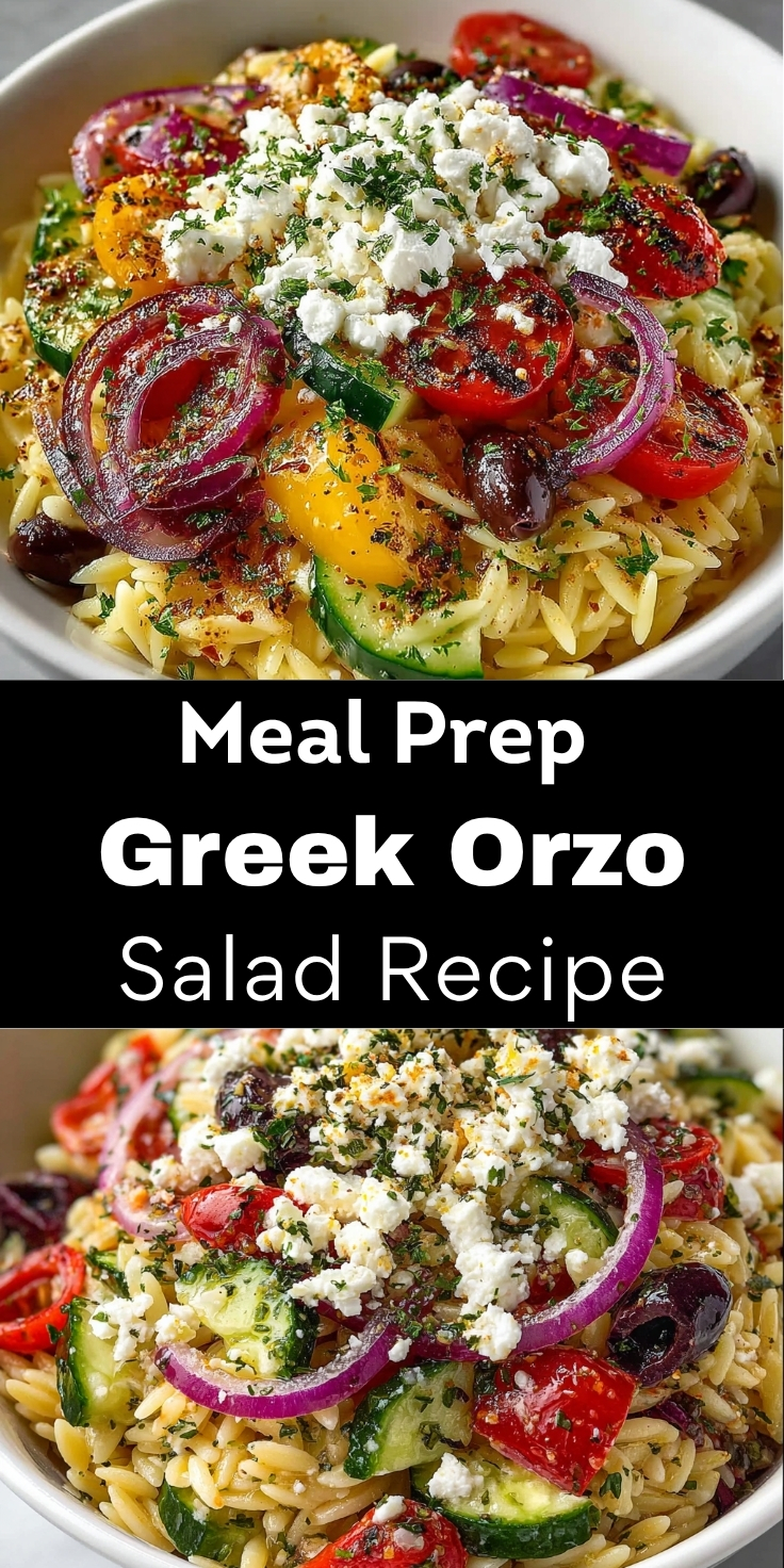 Orzo Salad With Feta meal prep recipe with roasted vegetables, herbs, and creamy feta in two stacked white bowls with text overlay
