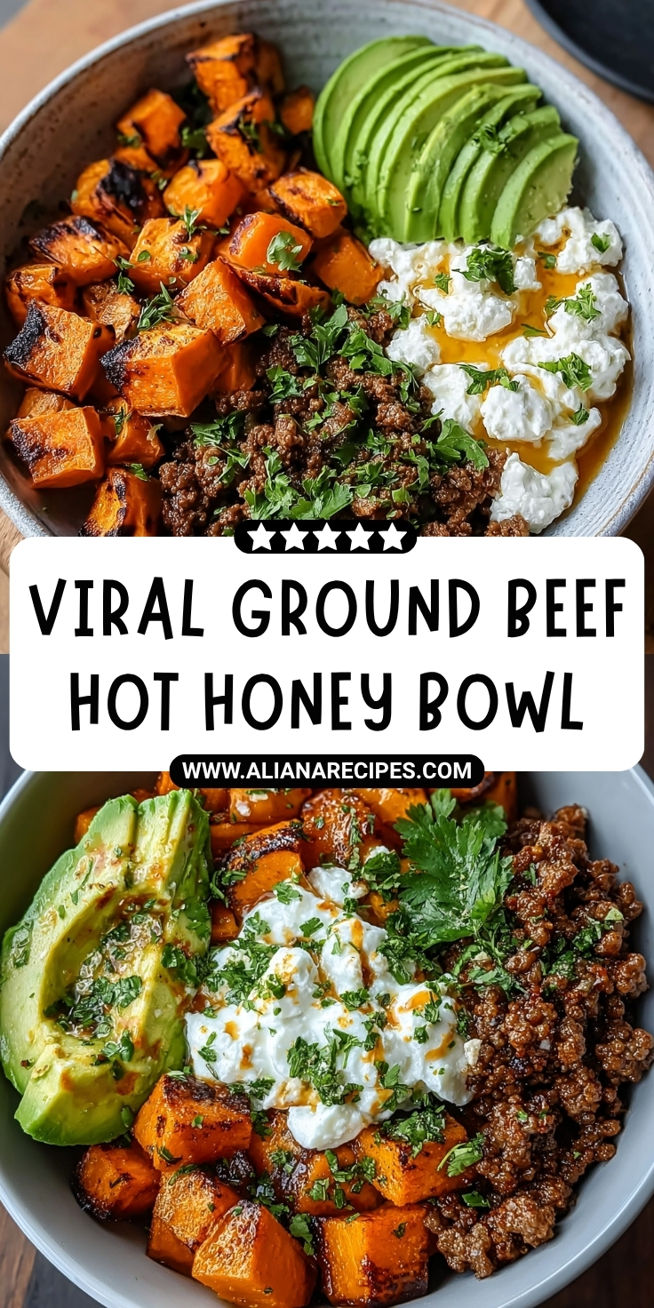 Ground beef hot honey bowl with roasted sweet potatoes, sliced avocado, seasoned ground beef, and creamy topping drizzled with hot honey and garnished with fresh cilantro in a white bowl with text overlay