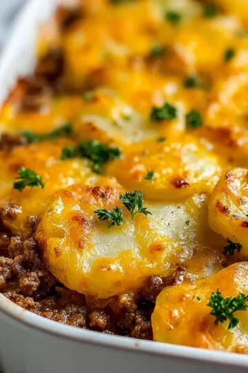 Hobo casserole with golden brown sliced potatoes, melted cheddar cheese, seasoned ground beef, and fresh parsley in white baking dish