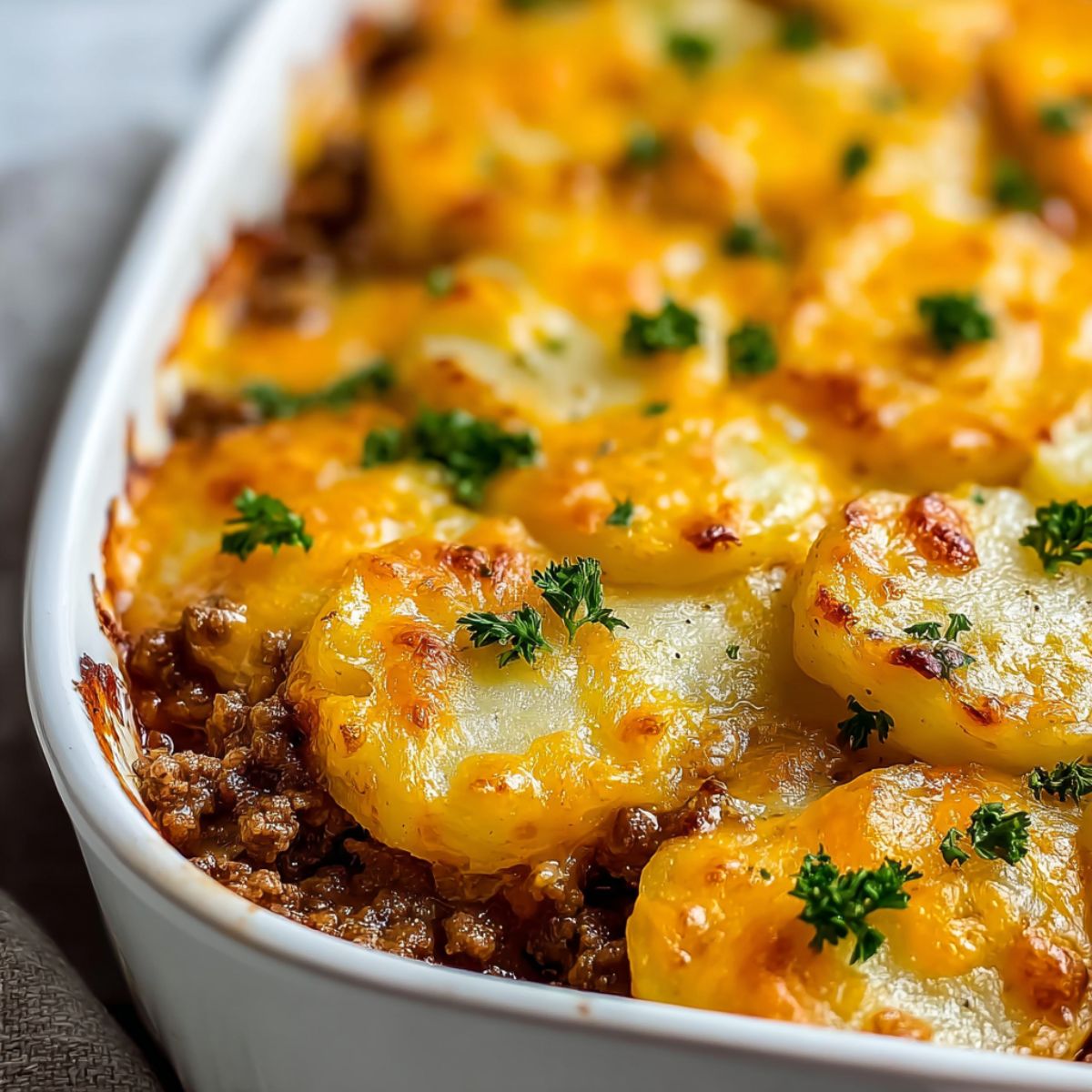 Hobo casserole with golden brown sliced potatoes, melted cheddar cheese, seasoned ground beef, and fresh parsley in white baking dish
