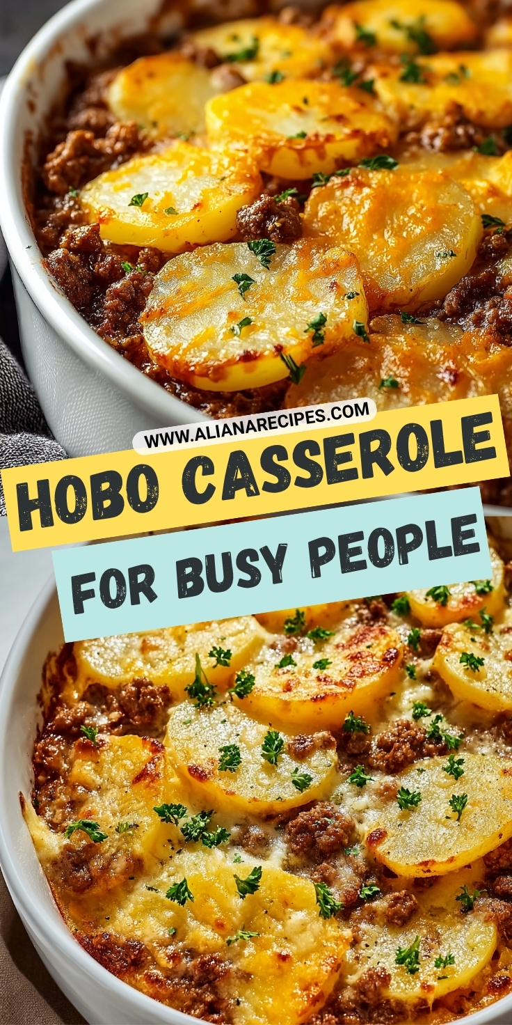 Hobo casserole with golden sliced potatoes, seasoned ground beef, melted cheddar cheese, and fresh parsley in white baking dish