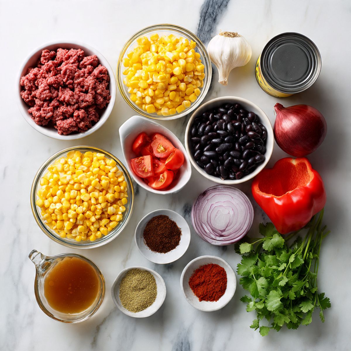 Flat lay of fresh ingredients for Crockpot Cowboy Soup on a white marble surface with black veining, including ground beef, black beans, corn, tomatoes, red bell pepper, onion, garlic, cilantro, and spices.