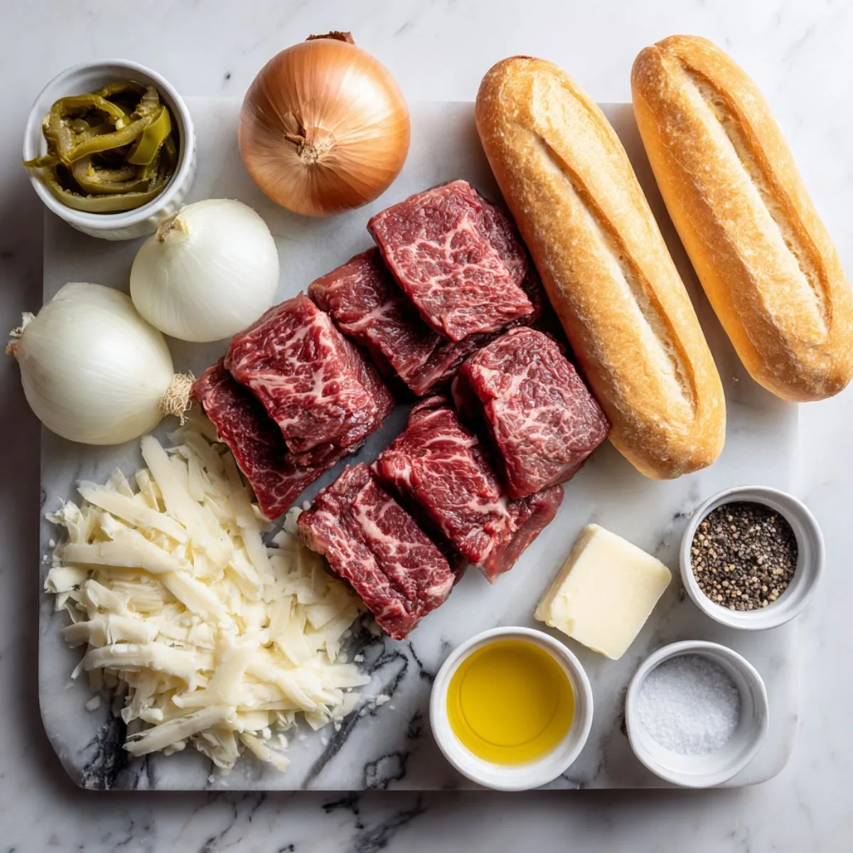 Ingredients laid out for making a homemade Philly Cheese Steak Sandwich, including ribeye steak, onions, provolone cheese, and sub rolls.