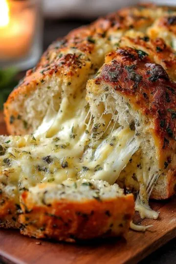 Italian herb and cheese bread sliced open showing stretchy melted mozzarella cheese pull with golden brown crust studded with Italian herbs on a wooden cutting board