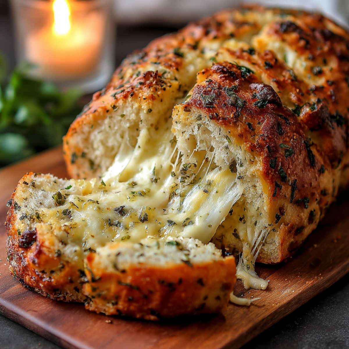 Italian herb and cheese bread sliced open showing stretchy melted mozzarella cheese pull with golden brown crust studded with Italian herbs on a wooden cutting board