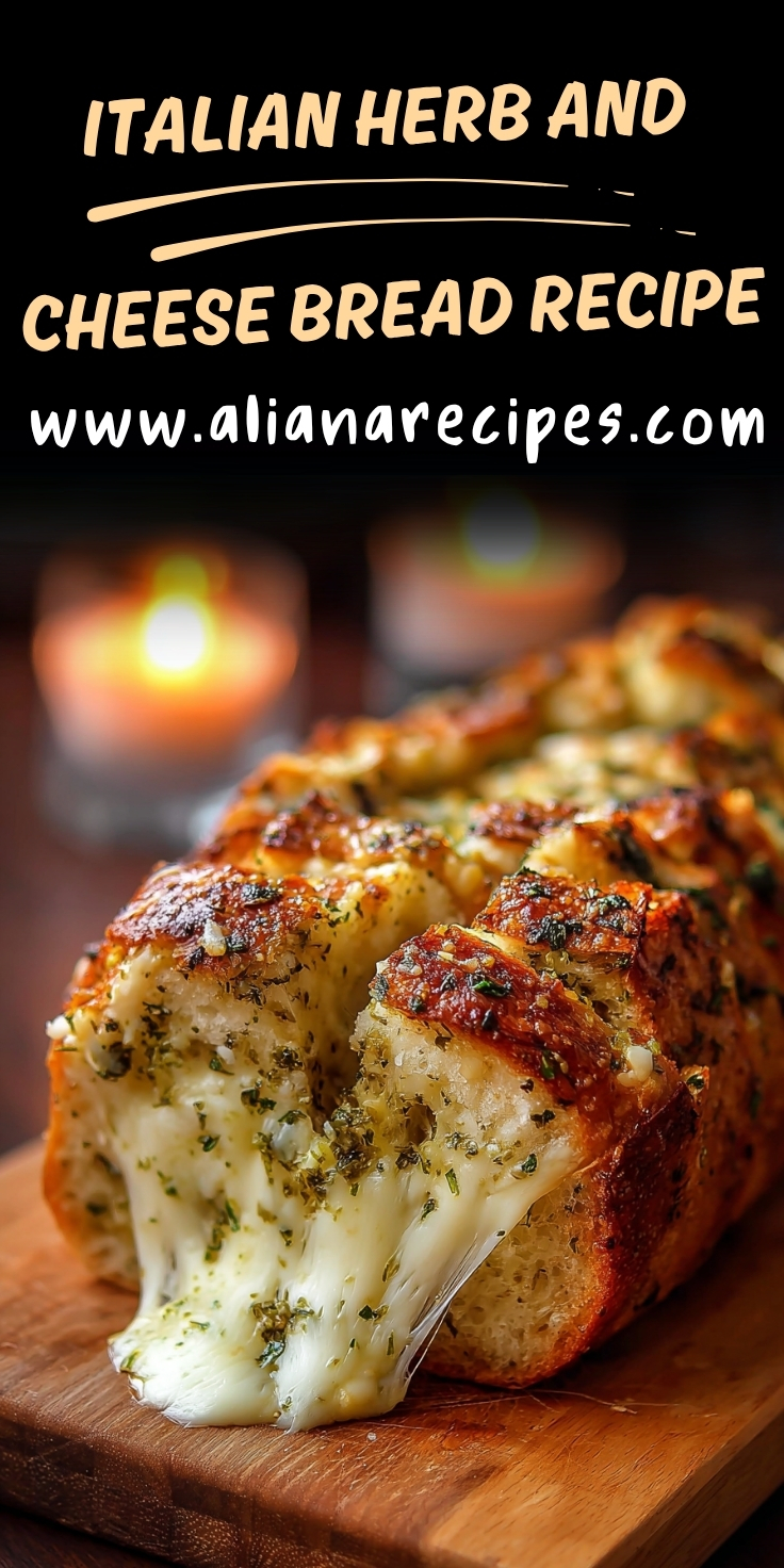 Italian herb and cheese bread recipe showing golden crispy exterior with melted cheese oozing out, topped with Italian herbs on wooden board with text overlay and candle in background