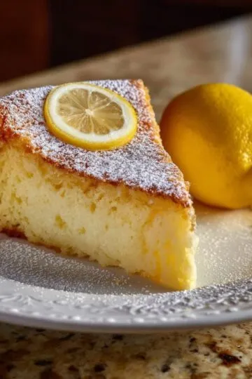 Lemon curd cake slice with golden brown top, powdered sugar, fresh lemon garnish, and moist crumb on white plate
