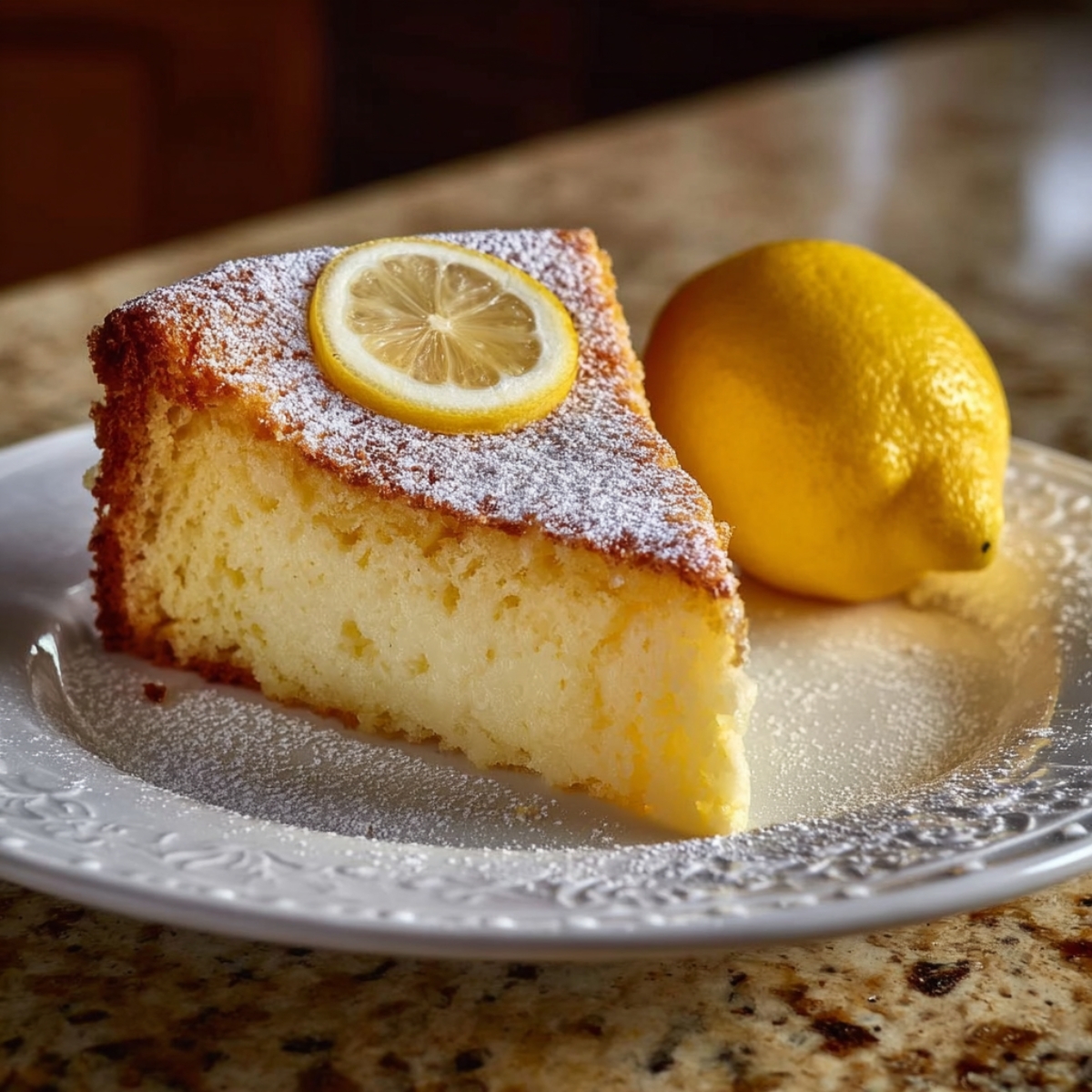 Lemon curd cake slice with golden brown top, powdered sugar, fresh lemon garnish, and moist crumb on white plate
