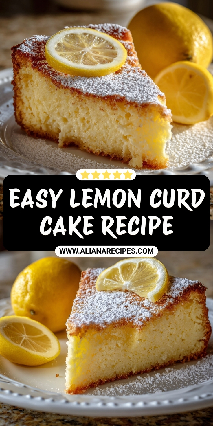 Lemon curd cake slice with golden caramelized top, powdered sugar dusting, fresh lemon slice garnish, and tender moist crumb on white plate
