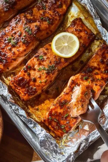 Oven baked trout fillets with caramelized seasoning, fresh parsley garnish, lemon slice, and golden brown crispy skin on foil-lined baking sheet with serving fork