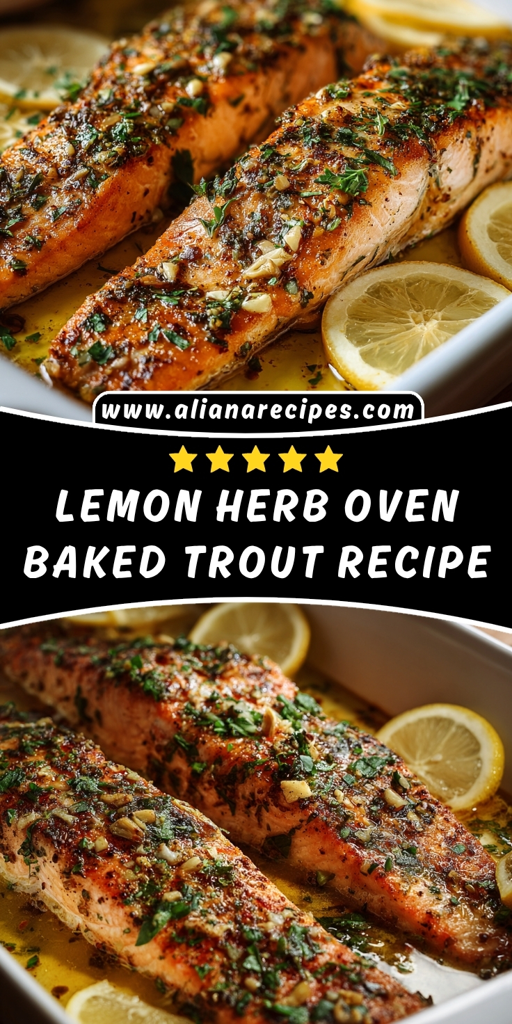 Oven baked trout fillets with minced garlic, fresh parsley, herbs coating, lemon slices, and golden crispy edges on white serving plate close-up