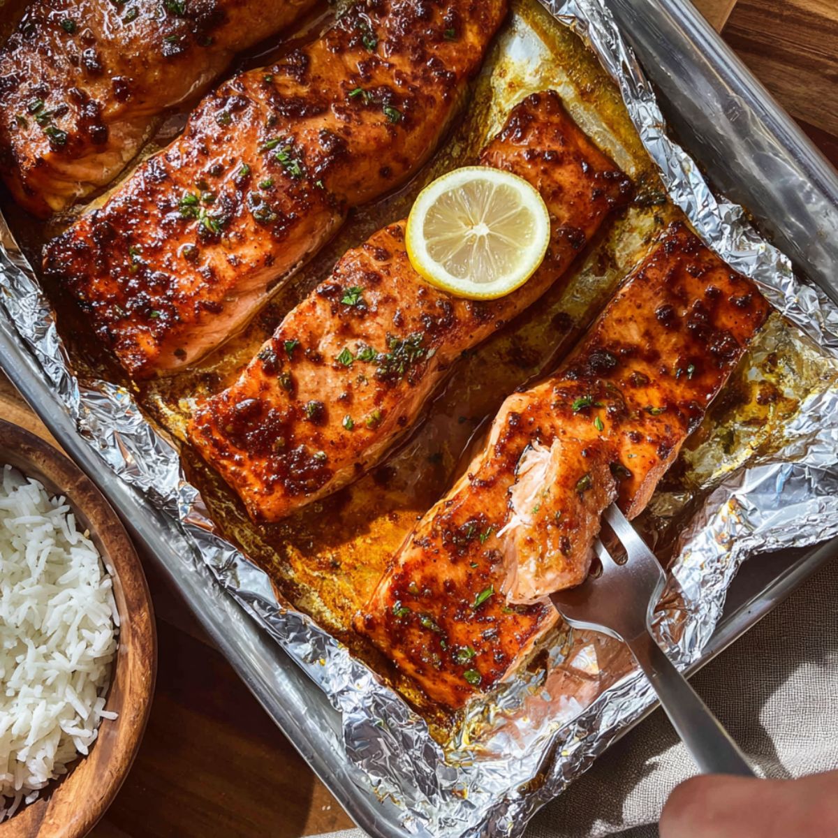 Oven baked trout fillets with caramelized seasoning, fresh parsley garnish, lemon slice, and golden brown crispy skin on foil-lined baking sheet with serving fork