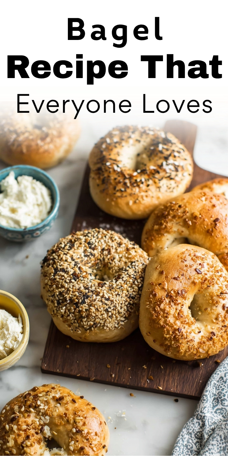 homemade bagel recipe A close-up of a wooden board with freshly baked, round homemade bagels of various flavors, including everything bagel seasoning and sesame seeds. A small bowl of cream cheese is visible on the side.
