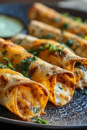 Crunchy oven-baked chicken taquitos with golden crispy tortillas filled with shredded chicken and melted cheese, garnished with fresh cilantro on a dark plate