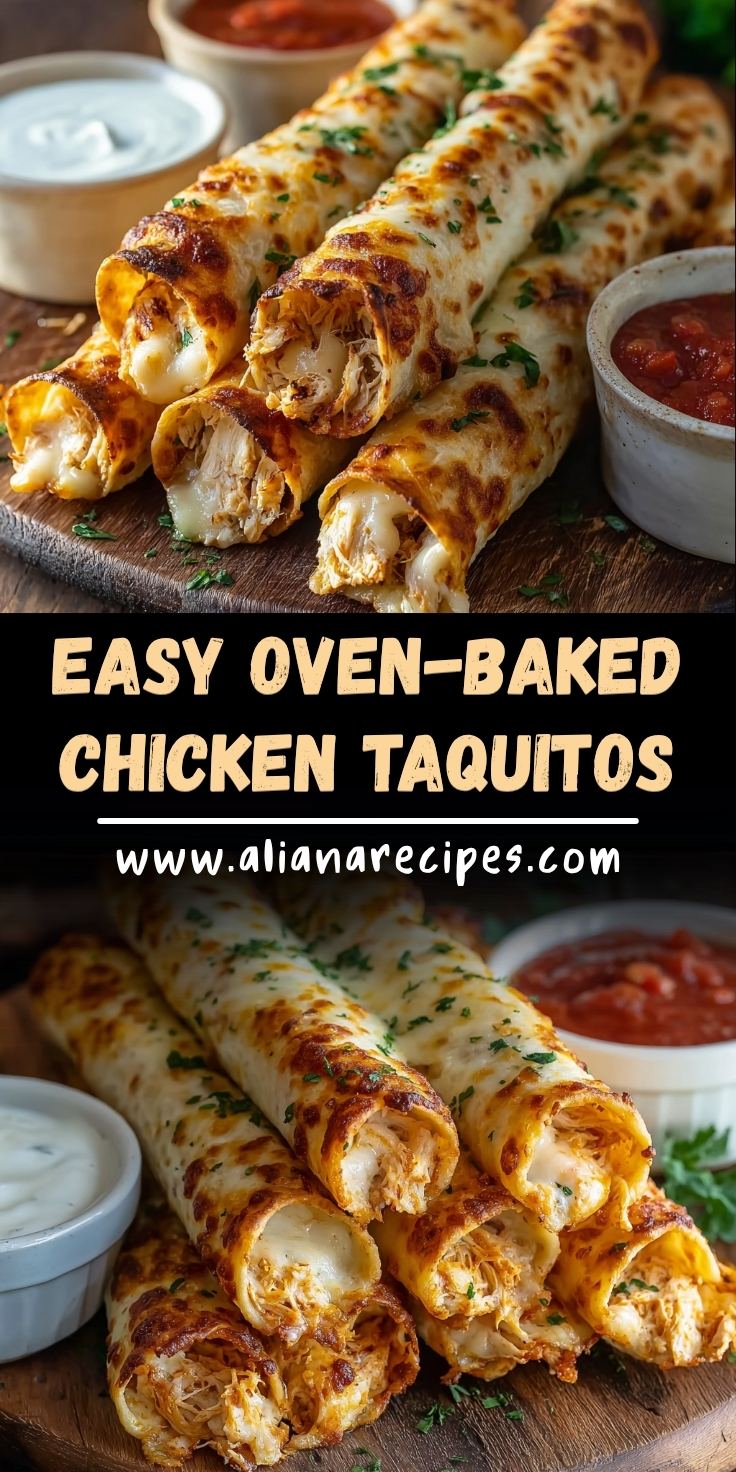 Crunchy oven-baked chicken taquitos with golden crispy tortillas stuffed with shredded chicken and melted cheese, served on a wooden board with salsa and sour cream dipping sauces