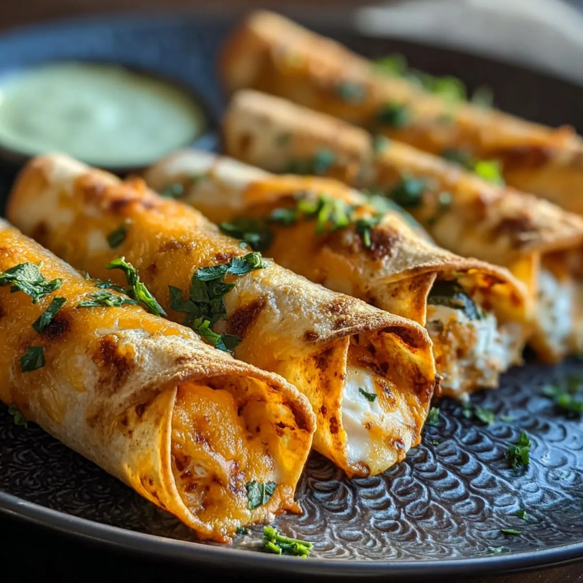 Crunchy oven-baked chicken taquitos with golden crispy tortillas filled with shredded chicken and melted cheese, garnished with fresh cilantro on a dark plate
