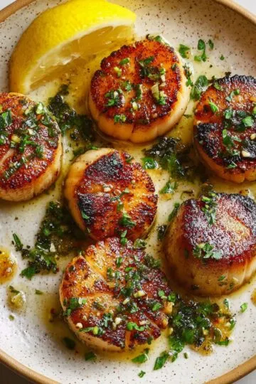 Pan seared scallops with golden caramelized crust on white plate drizzled with garlic butter sauce and fresh herbs with lemon wedge