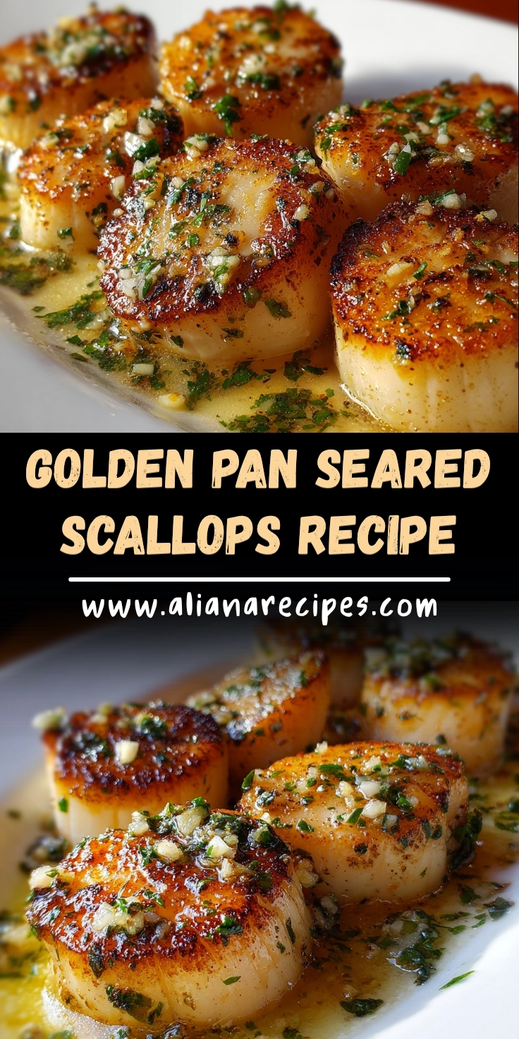 Pan seared scallops with golden caramelized crust on white plate topped with minced garlic and fresh parsley in butter sauce