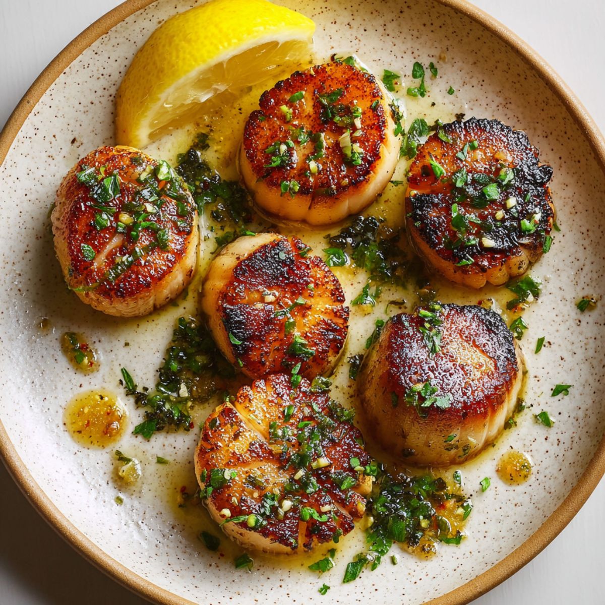 Pan seared scallops with golden caramelized crust on white plate drizzled with garlic butter sauce and fresh herbs with lemon wedge